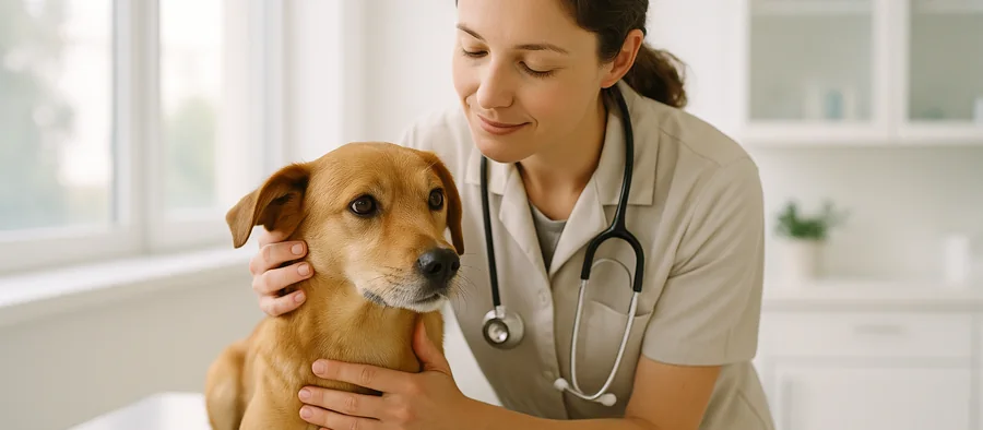 Chien examiné en douceur par un vétérinaire en consultation