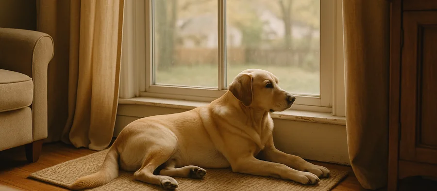 Chien pensif regardant par la fenêtre, seul à la maison