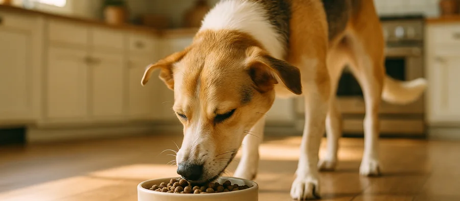 Croquettes Franklin sans céréales versées dans une gamelle pour chien