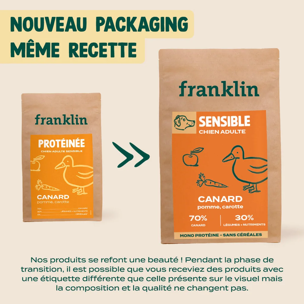 Sac de croquettes Franklin au canard, pomme et carotte pour chien sensible
