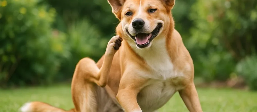Chien qui se gratte l'oreille avec la patte arrière