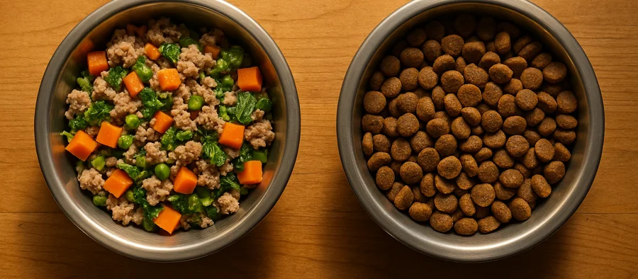 Deux gamelles côte à côte : ration ménagère fraîche et croquettes
