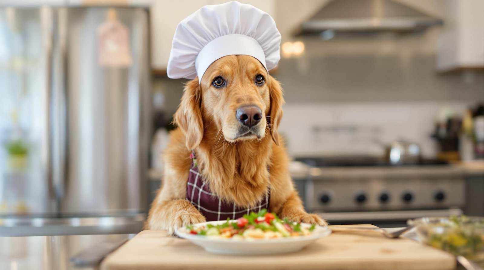 Chien golden retriever en toque de cuisinier devant un repas frais