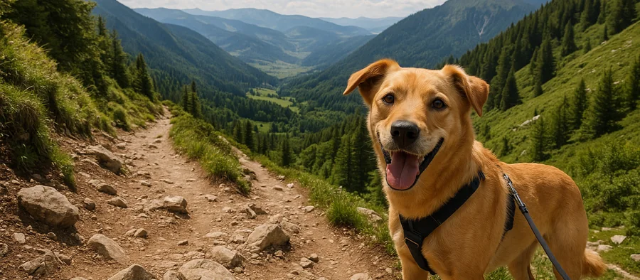 Randonneur et son chien en laisse sur un sentier de moyenne montagne