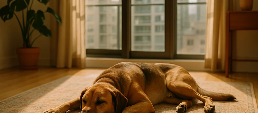 Grand chien détendu allongé dans un appartement lumineux en ville